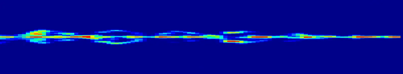 Micro-Doppler spectrogram captured with a 60 GHz radar sensor: a bright zero-Doppler return running the width of the frame, with hand-gesture sidebands breaking above and below it.
